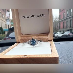 18K White Gold Daphne Art Deco Lab Ring with Blue Diamond Center Stone, Size 9